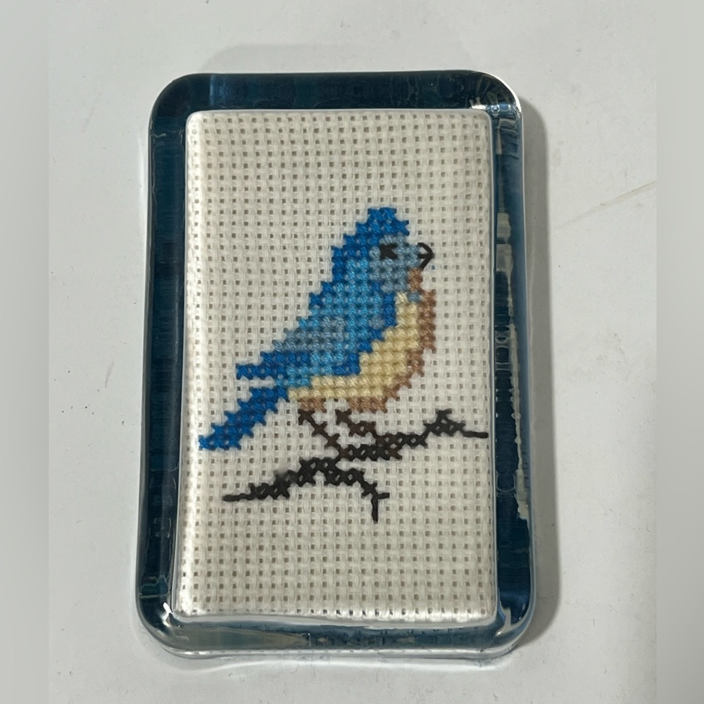 Adorable cross stitch blue bird paperweight